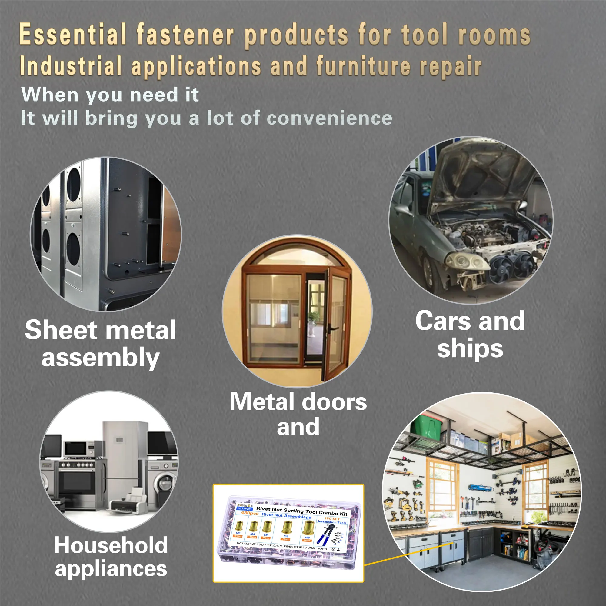 مجموعة أدوات صامولة برشام الضغط، مجموعة صامولة برشام من الفولاذ الكربوني 430 قطعة (M8/M6/M5/M4/M3)، مناسبة للأثاث والديكور #4