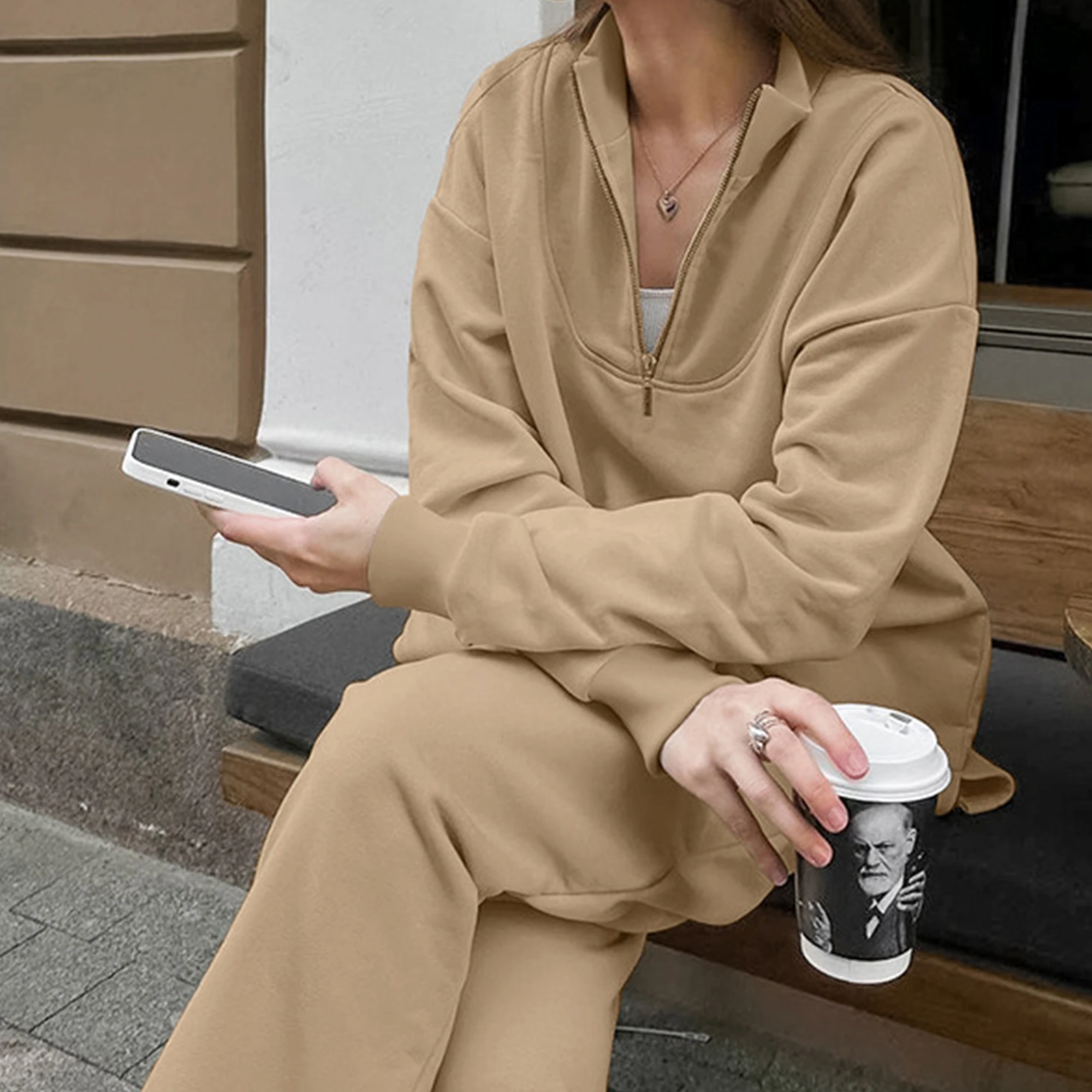 Nuovi pantaloni da donna Set felpe con cappuccio a maniche lunghe con colletto con cerniera top pantaloni Casual larghi femminili abiti moda autunno