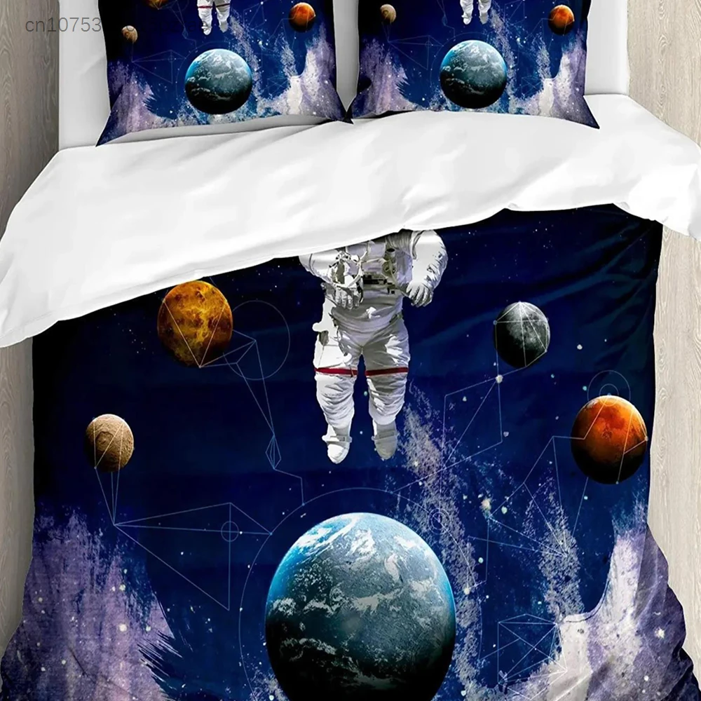 Outer Space Bedding Set Astronaut In The Outer Space With The Planets Globe Satellite Energy Eternity Duvet Cover Pillowcase