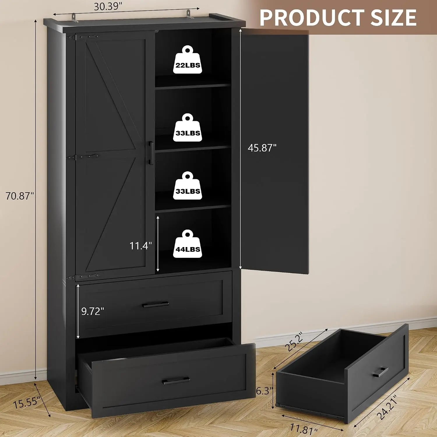 Pantry Organizers and Storage Cabinet, 71” Barn Door Black Kitchen Cabinet with Drawers and Adjustable Shelf, Tall Pantry