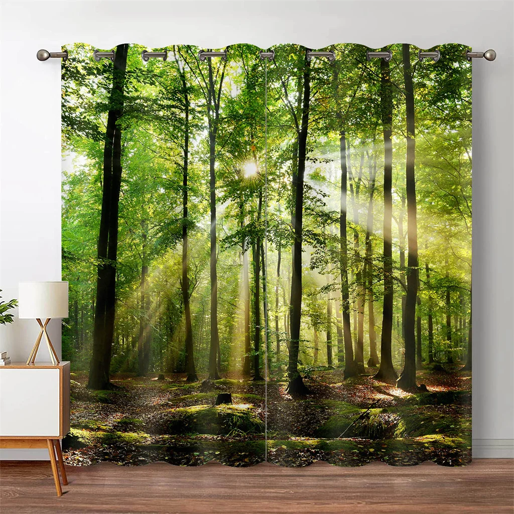 

Forest scenery Sunlight shines through the leaves on realistic curtains, home bedroom living room curtains