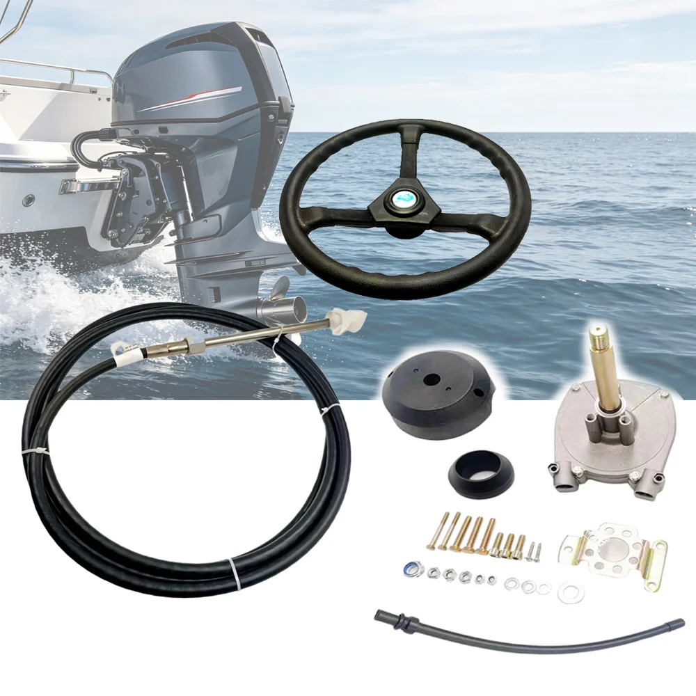 Boat Motor Steering System For Yamaha Honda Suzuki Tohatsu Outboard Throttle Cables (8FT-17FT)+ Steering Gear+Steering Wheel