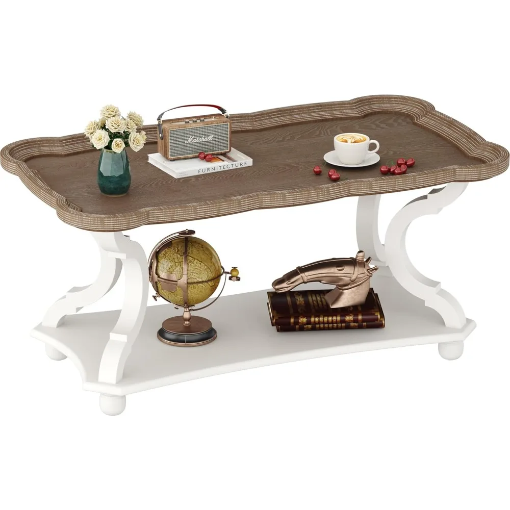 

Home Farmhouse Coffee Table, Rustic White Cocktail Table with Storage Shelf, Sofa Table with Natural Tray Top and Carve