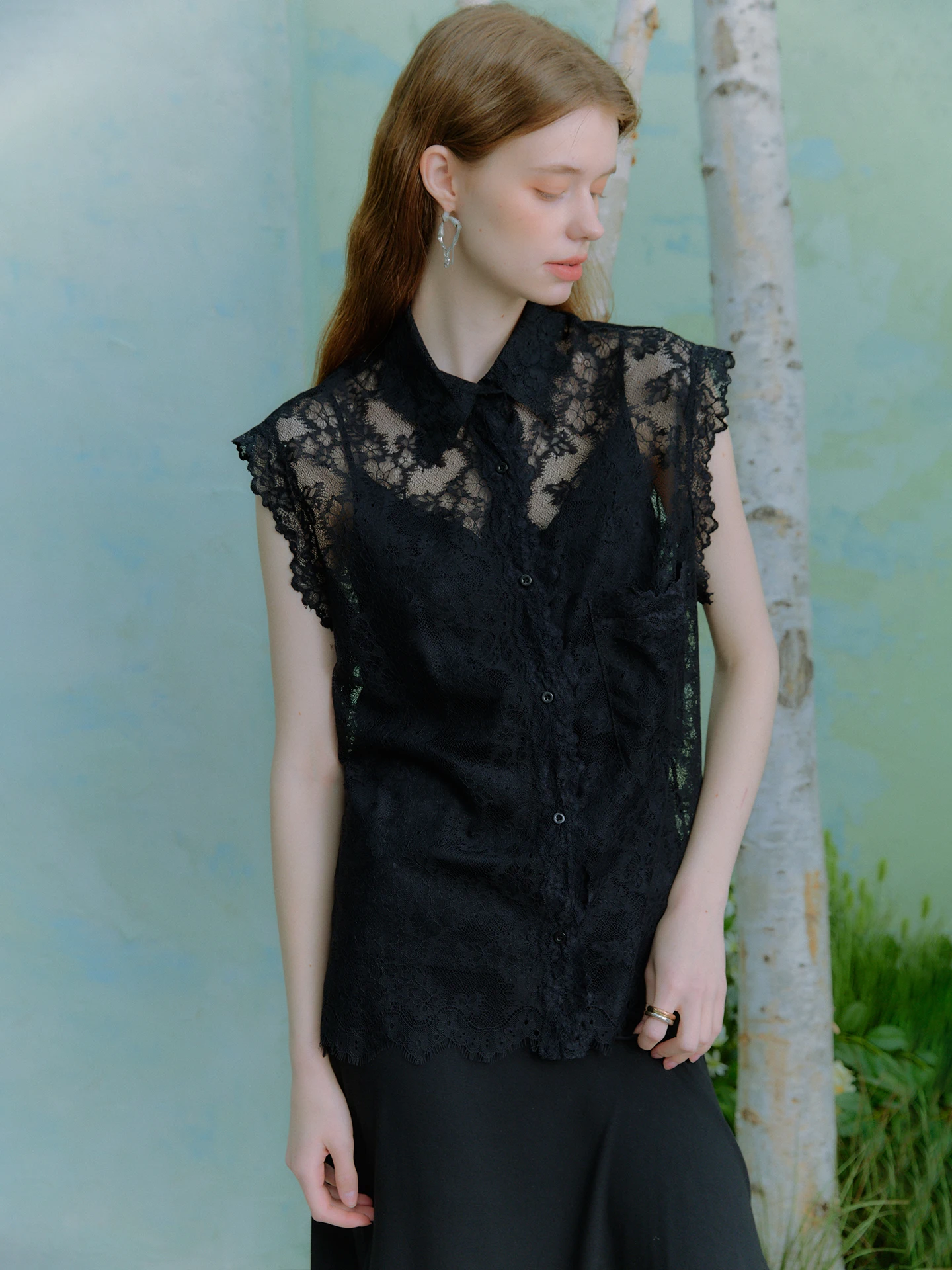 

Романтическая кружевная блузка без рукавов с воротником для женщин, весна-лето, модная прозрачная модель Ouzi National "Yunlai Qingcháng"