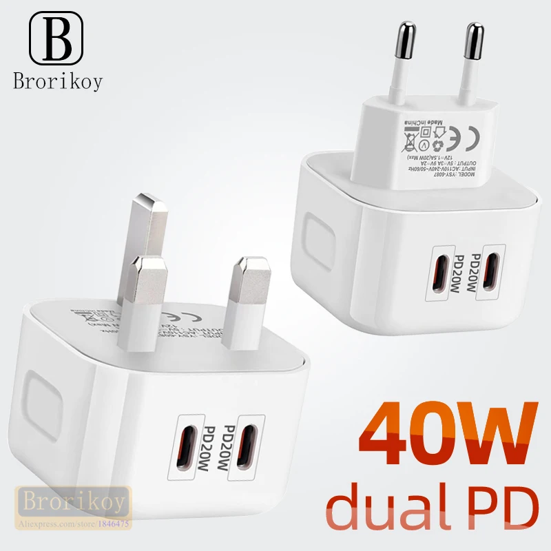 2 Ports QC3.0 Type C Charger PD 20W 40W Quick Charger USB-C Fast Charging Travel Wall Charger Power Adapter For iPhone 14Pro Max