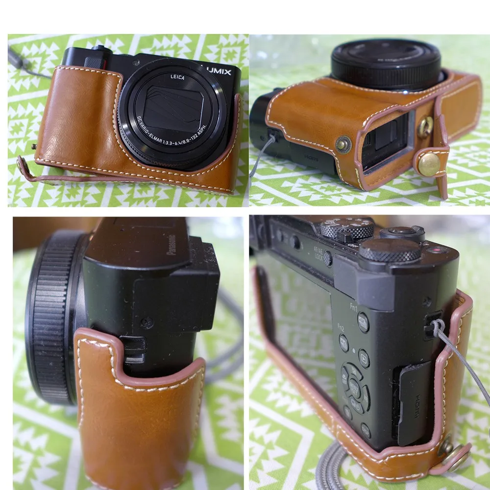 Genuíno caso de couro real saco da câmera para panasonic tz200 tz202 zs220 zs110 meio corpo base capa com abertura inferior versão