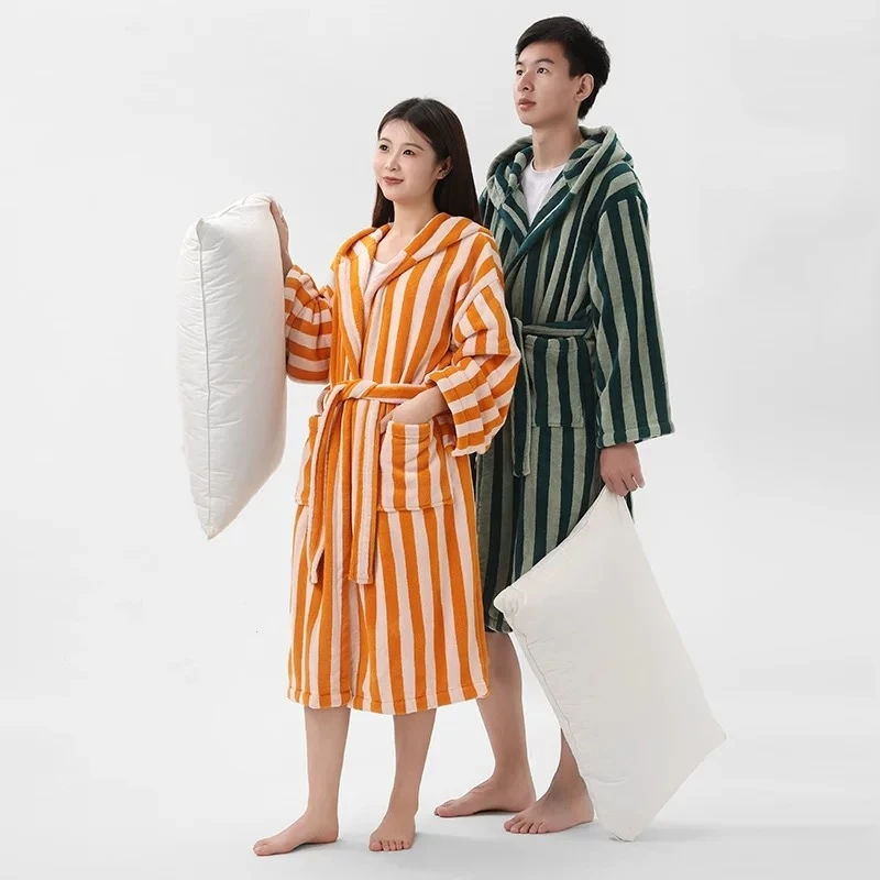 

Unisex Retro Striped Long Bathrobe Women Men Casual Robe V Neck Soft Sleepwear Kimono Warm Bath Robes Coat Towel Homewear Gown