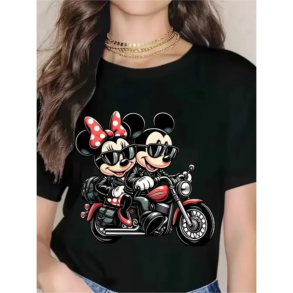 

Мотоциклетные женские футболки с короткими рукавами и принтом Микки и Минни для езды на мотоцикле, милые необычные стильные подходят для повседневного ношения