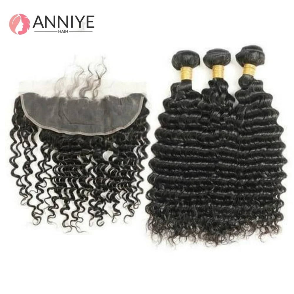 Deep Wave 3 Bundles With 13x4 Frontal Hair Natural Color Hair Extensions 100% Human Hair Weave 30 Inch Lace Frontal Remy Hair