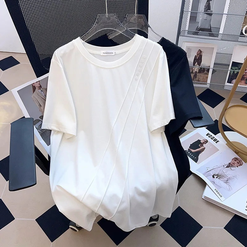 

2023 Women Summer Clothing Big Size Female Round Neck Show Slim Loose Medium Length Short Sleeve T-shirt 100/150/175kg