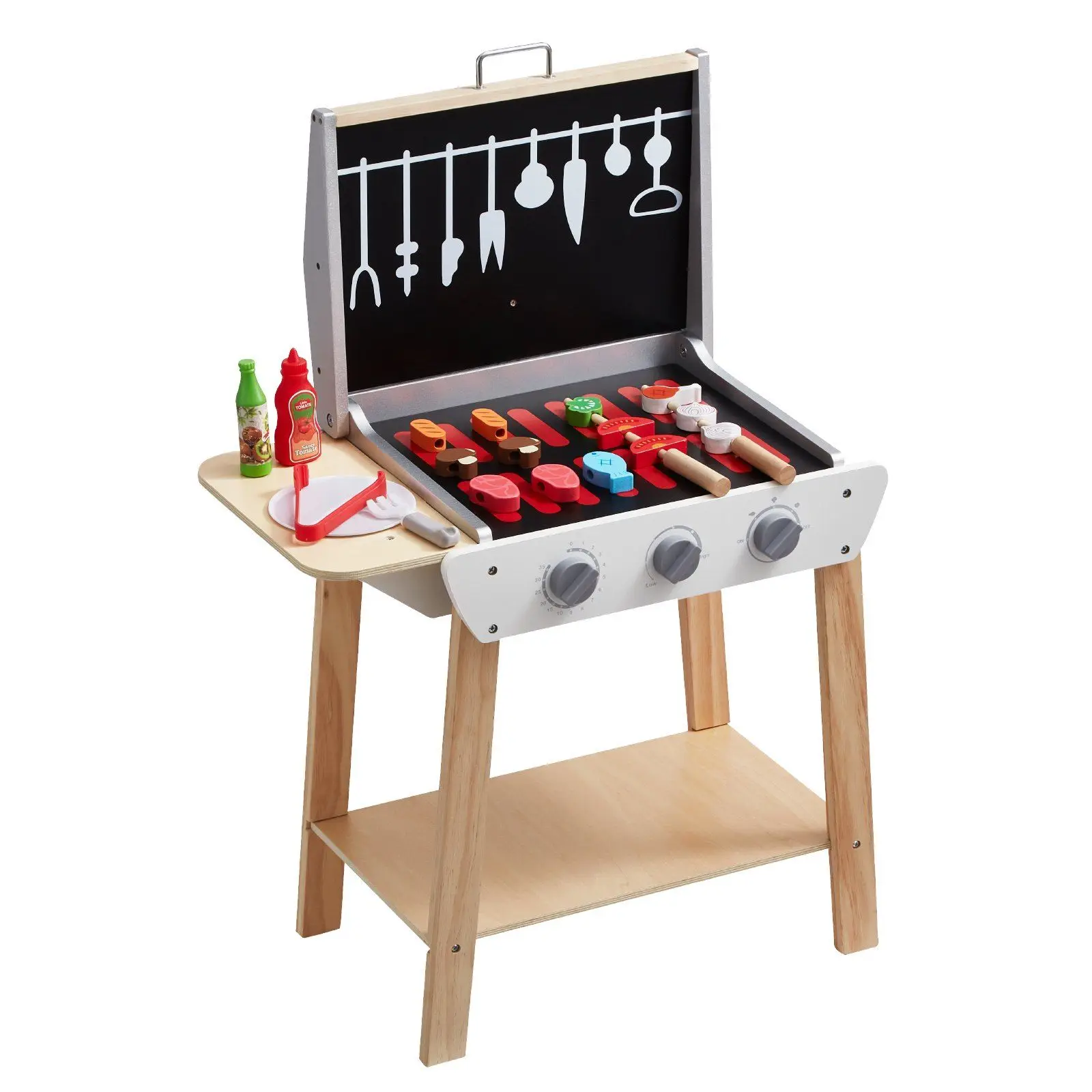 21 PCS Kids BBQ Grill Playset Wooden Cooking Grill Toy Set Pretend Sound