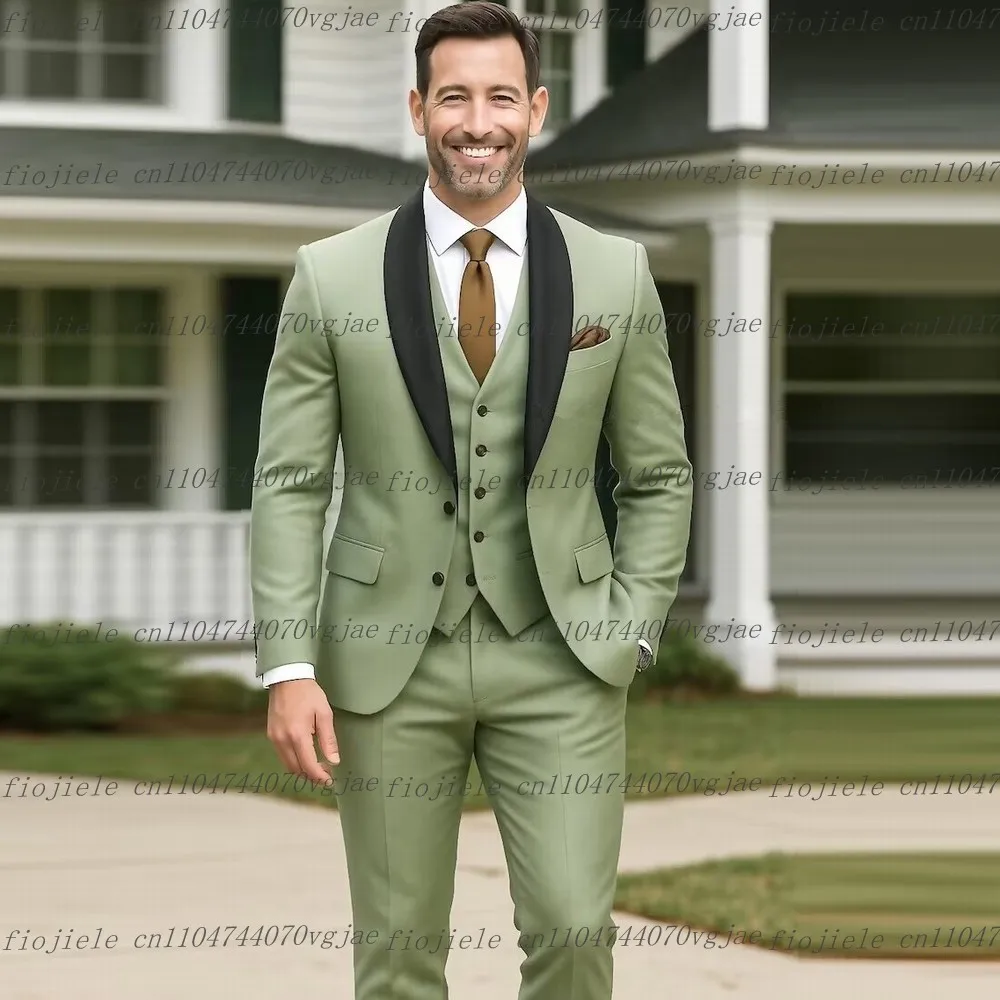 

Black Collar Mint Green Men Suit Formal Wedding Party Groom Business Male Tuxedos Customized 3 Piece Set Jacket Vest Pants