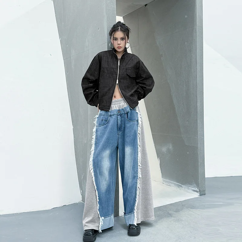 النساء تقسم الجينز سراويل جينز بنطال ذو قصة أرجل واسعة شرابة كامل طول عالية الخصر سستة فضفاضة Y2k الشارع الشهير عادية خريف 2025