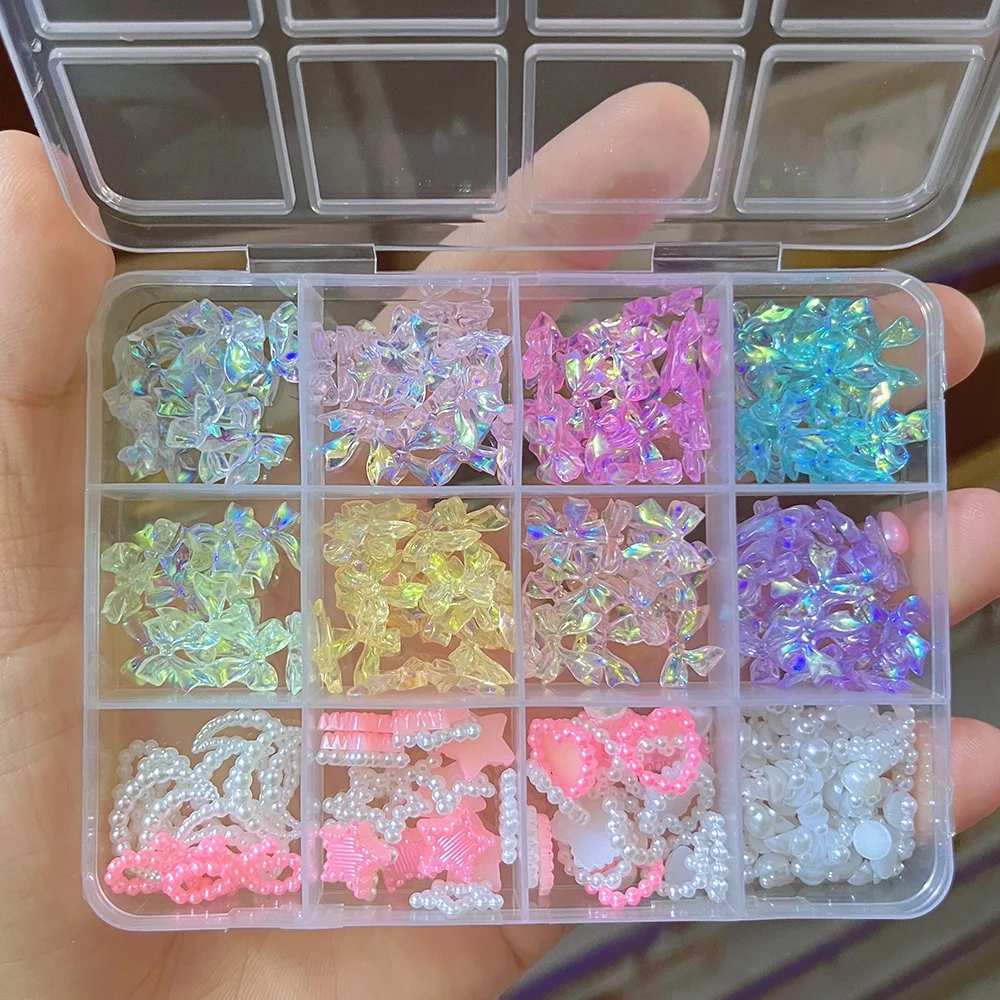 12Grid Kawaii Resin Aurora Ribbon Bow Nail Charms Mixed Star Moon Heart Pearl Rhinestones 3D Bowknot Gem Nail Art Decoration
