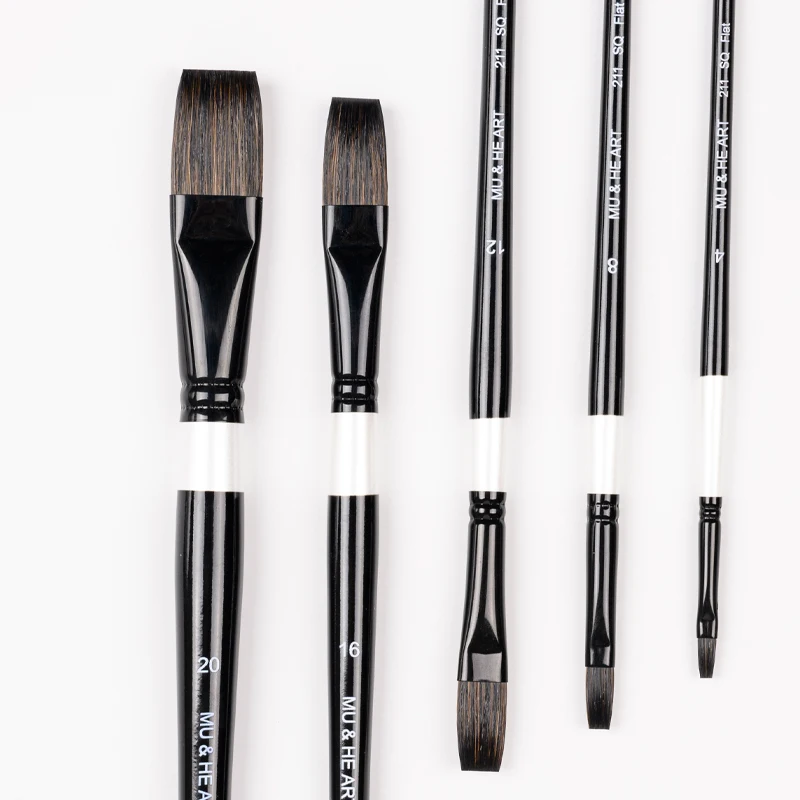 Squirrel Hair Mixed Watercolor Paint Brush Flat Head Black & White Wooden Handle Brass Ferrule 211F MU HE ART