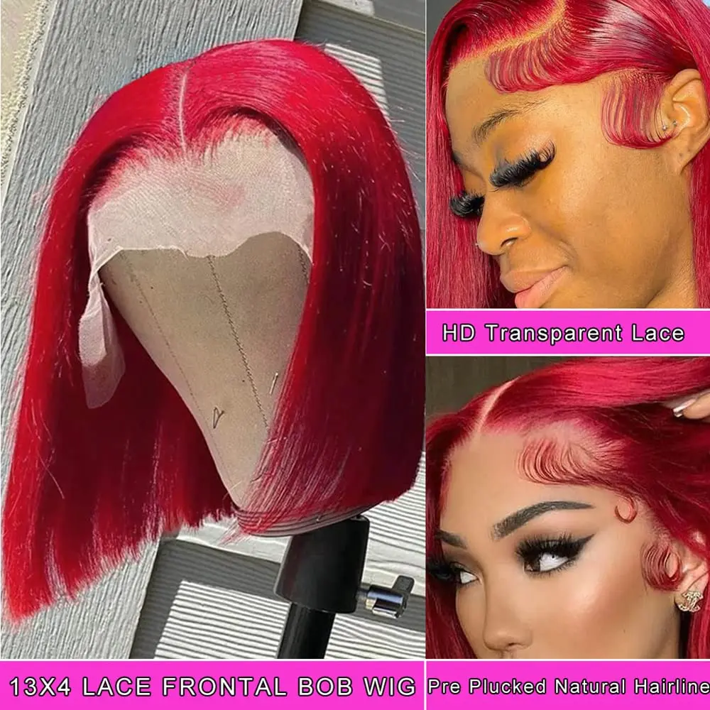 13X4 قصيرة بوب شعر مستعار أحمر اللون العظام مستقيم بوب شعر مستعار شفاف الدانتيل شعر مستعار أمامي 100% باروكة من شعر طبيعي 180 الكثافة للنساء