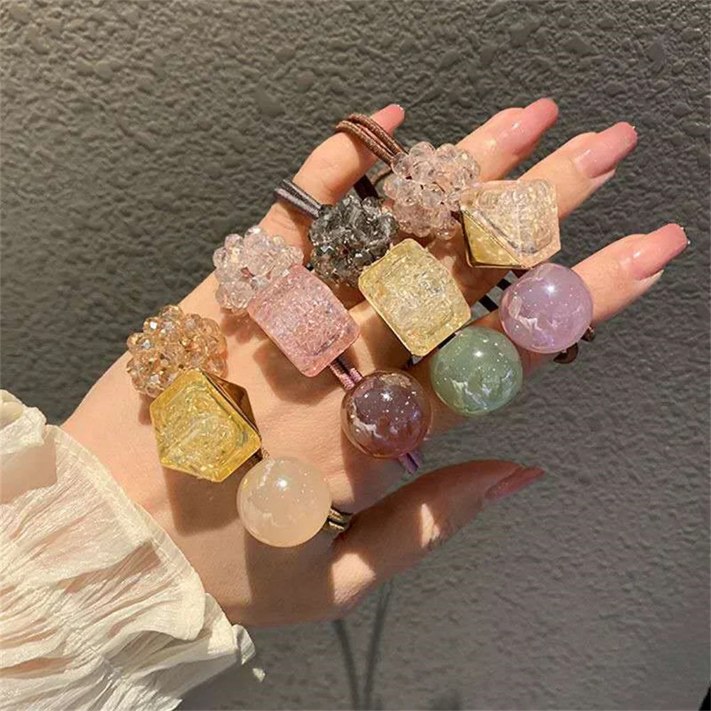 Women Crystal Ball Hair Ties Elastic Rubber Band Girl Acrylic Crystal Ball Korean Scrunchies Head Accessories Hairband Gift