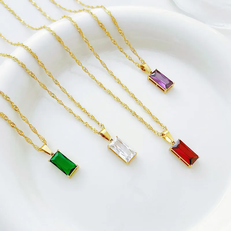 

French Stainless Steel Colored Zircon Necklace Women's Minimalist Gold-Plated Pendant Collarbone Chain Party Jewelry