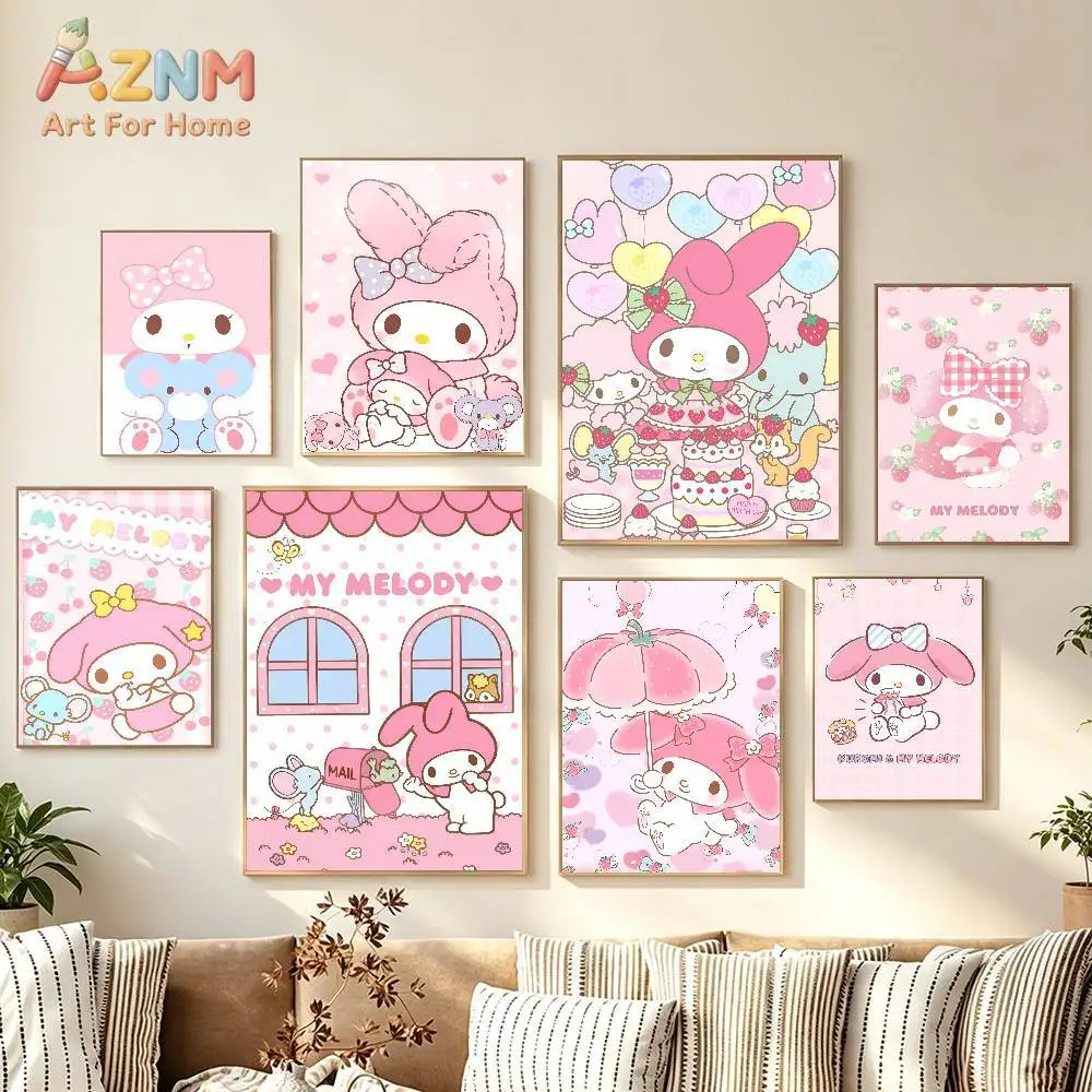 `Kawaii Pink Rabbit Canvas Wall Art, Sweet Strawberry Cake Cartoon Poster Print, No Frame Canvas Painting, Wall Picture for Bedr