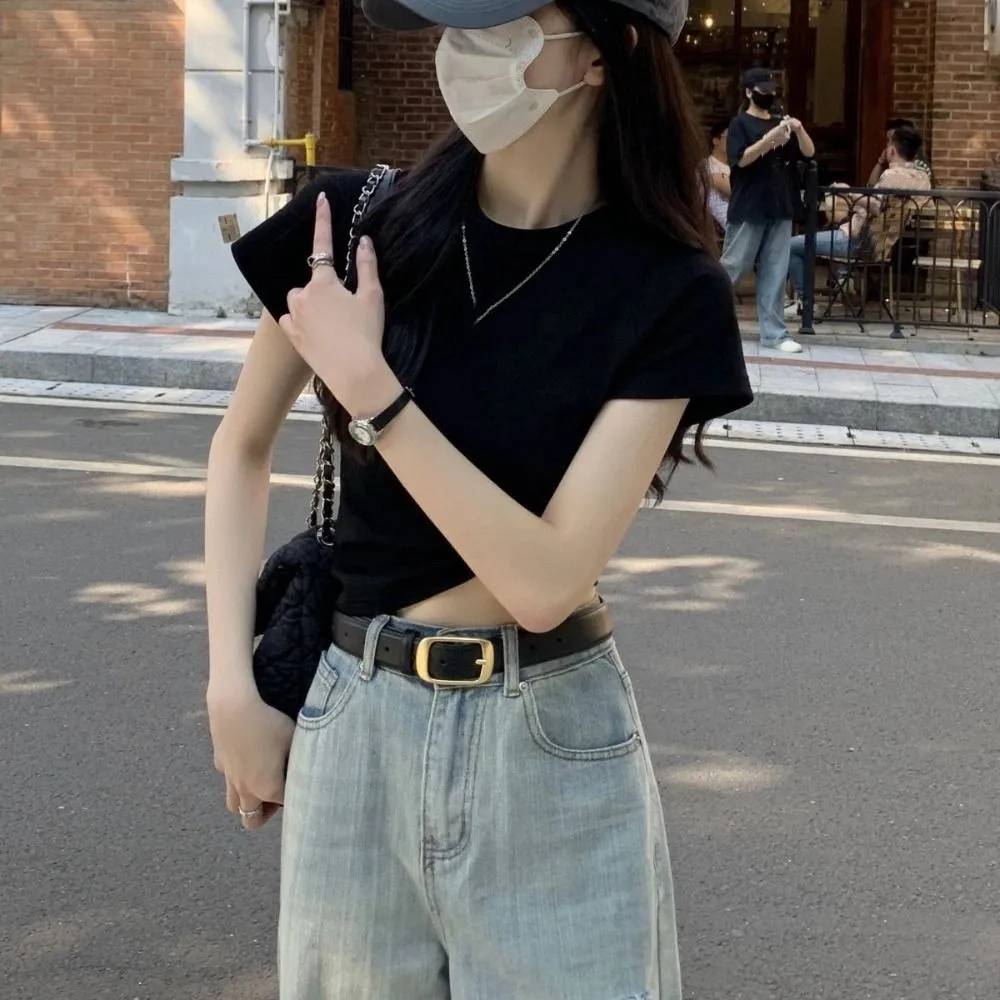 لطيف بلون قصيرة الأكمام تي شيرت أنيق الحلو Y2K المحاصيل الأعلى سليم صالح الكورية نمط تي شيرت النساء الفتيات