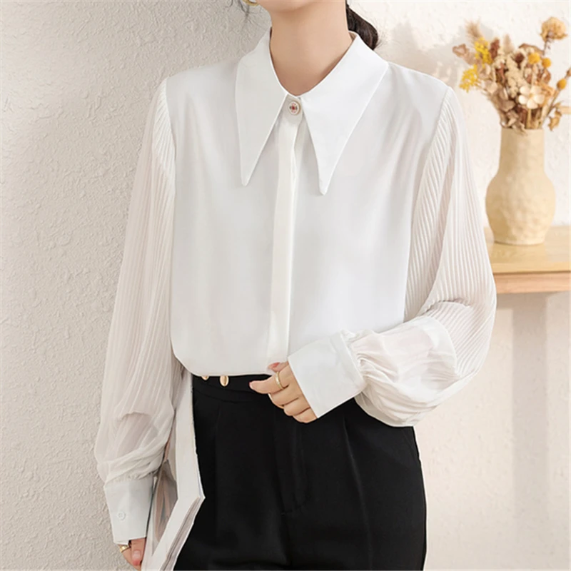 Autumn Korean Chiffon Women's Blouse 2023 New Long Lantern Sleeve Single Breasted Workwear Casual Office Shirts White Top Female