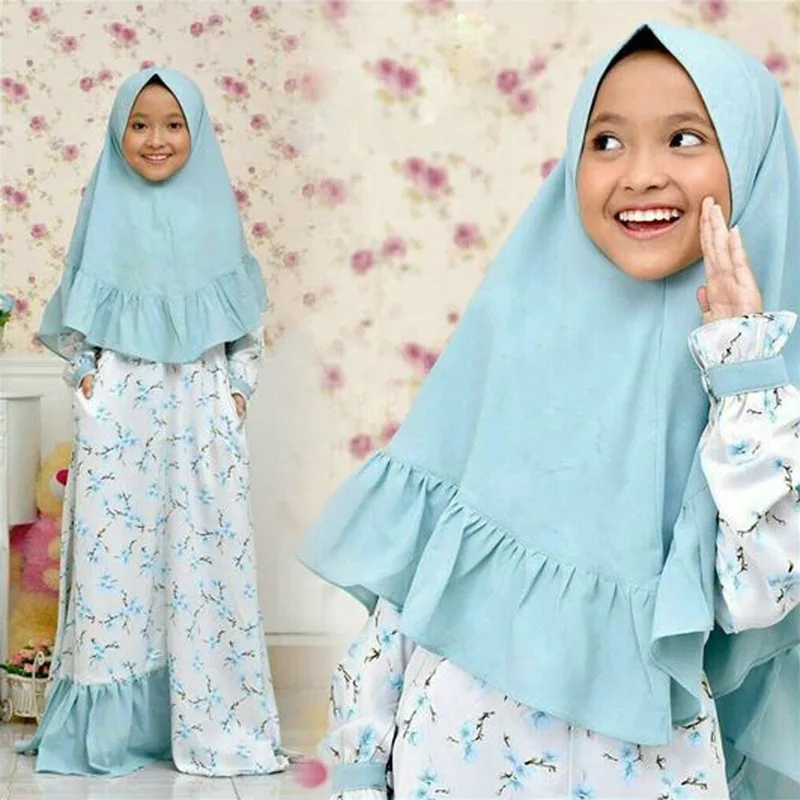 Abaya Hijab Prayer Dress Muslim Girls Children Long Sleeve Floral Pattern Blue Dress Maxi Dress Headscarf 2 Piece