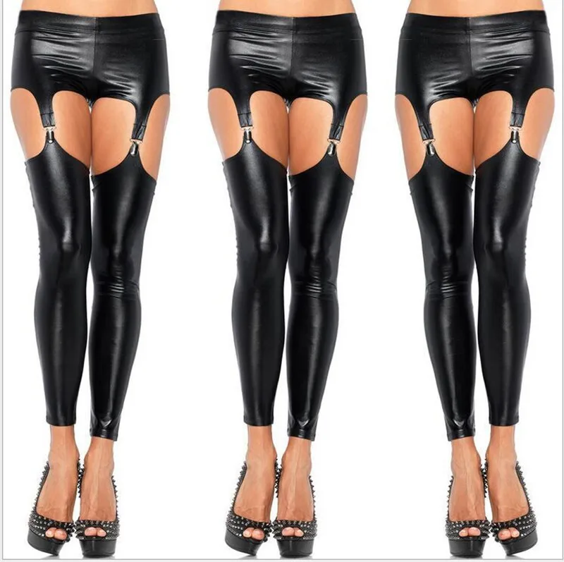 Sexy Shiny Punk Gothic Faux Leather Leggings Erotic Wet Look PVC Leggings Hollow Out Temptation Slim Latex Pants Trouser