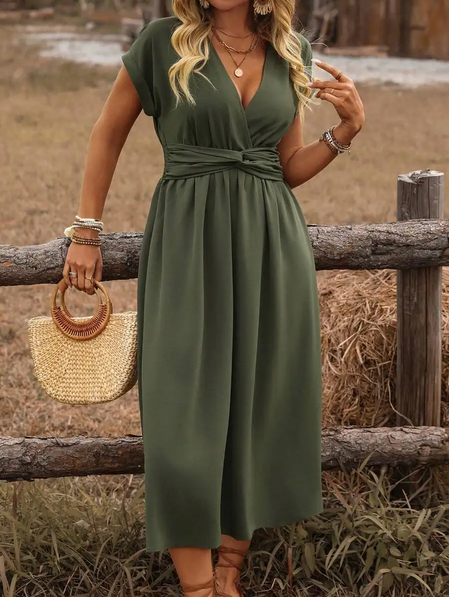 

Plus Size Women French Style Casual Holiday Solid Color Cross Shirred Waist Tie Back Drawstring Loose Sleeve Midi Dress Spring