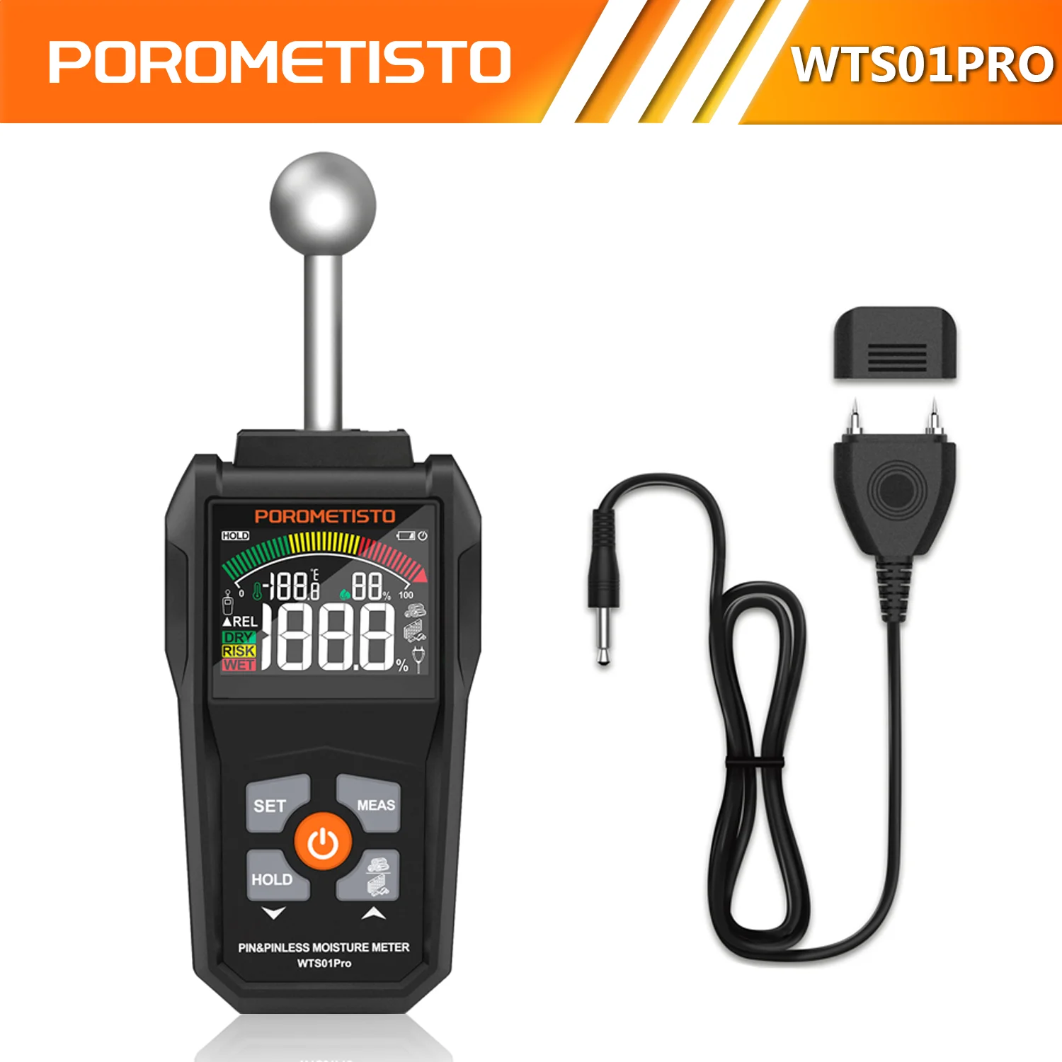 

POROMETISTO WTS01PRO 2in1 Pin & Pinless Wood Moisture Tester 0~99.9% Timber Damp Detector Wood Humidity Tester with LCD Display