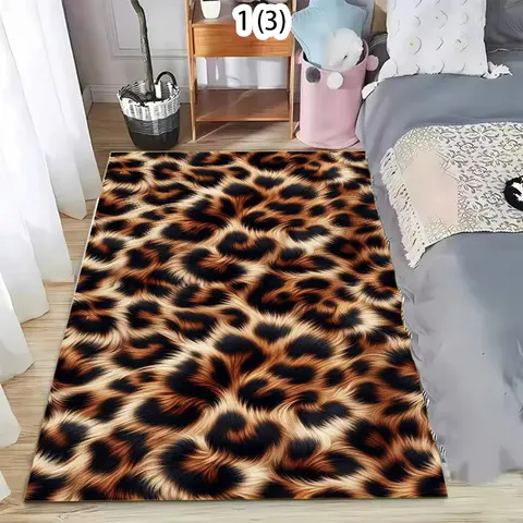 Leopard Print Area Rug Faux Fur Texture Non-Slip Durable Decorative Carpet for Living Room Bedroom Entryway Modern Home Decor
