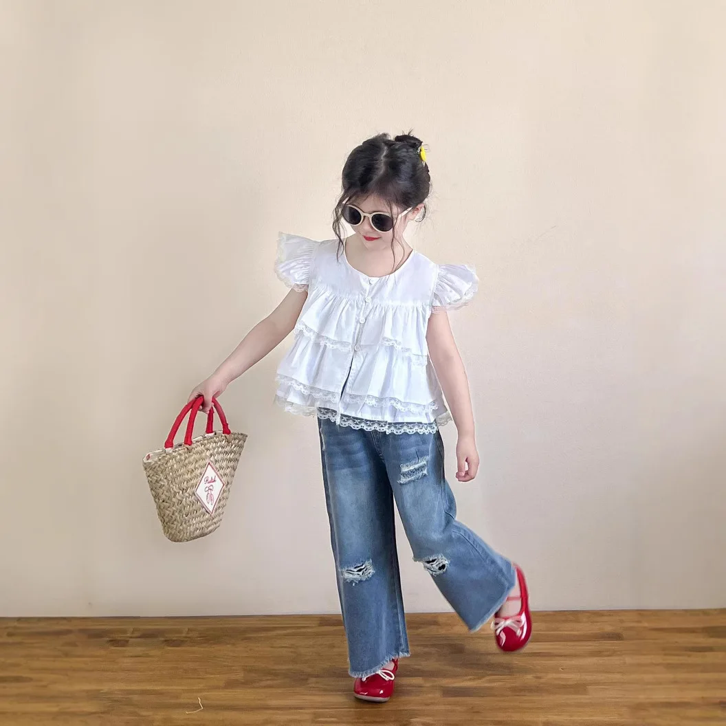 Korean children's clothing for girls summer sweet ruffled edges spliced small fly sleeves shirt frayed edges ripped jeans