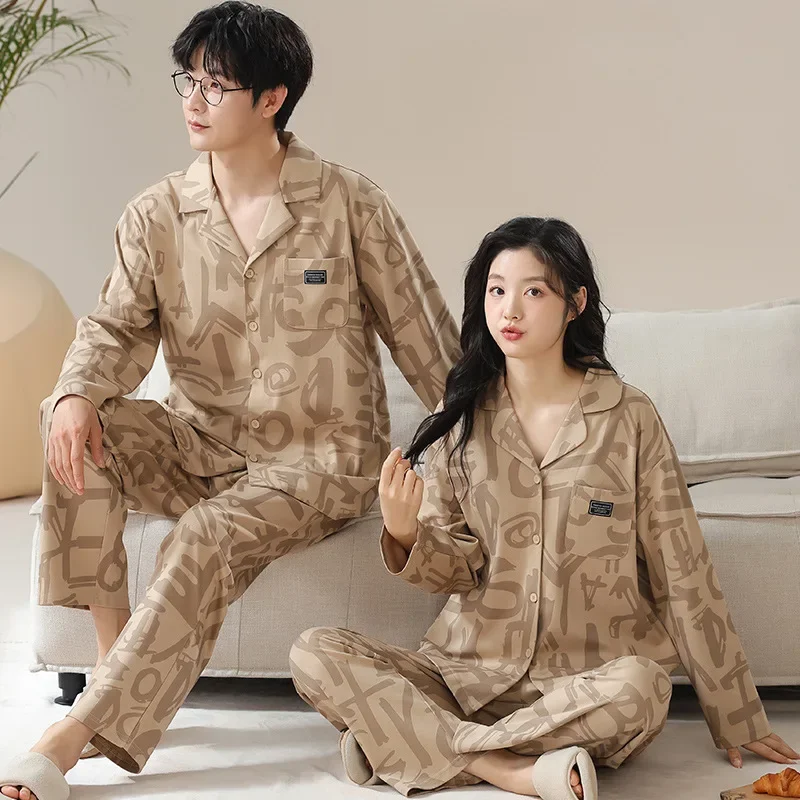 Koreanische Mode Baumwolle Nachtwäsche für Frauen und Männer 2024 Strickjacke Herbst Pyjama Set für Paare Langarm große Größe M-3XL Pijama