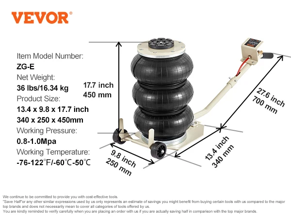 SucceBuy pneumatische krik 3 ton/5 ton drievoudige zak luchtkrik snellift zware autoreparatiekrikken opvouwbare stangkrikken met twee wielen