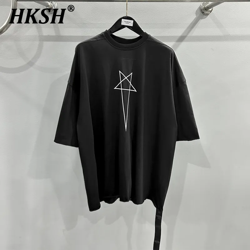 HKSH Spring Summer New Men's Tide Punk Cotton Tees Women Loose Curled Edge Washed Geometric Star Print Large Size T-shirt HK2018