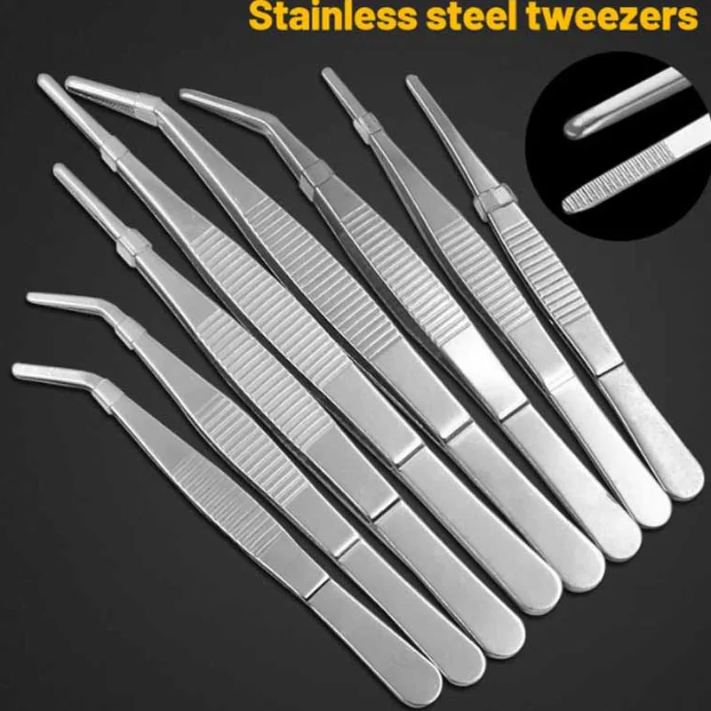 Stainless Steel Tweezer 125-180mm Straight Head Elbow Thickened Toothed Forceps For Home Medical Medical Garden Kitchen BBQ Tool