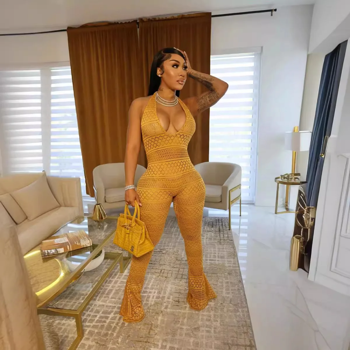 

Lace Hollowed Women Jumpsuits Cut Out Jumpsuit Full Lenth Sleeveless V Neck Top Elstic Waist Wide Leg Pants Slim Casual 2025