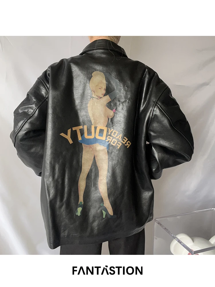 

FANTASTION Original design Top-grade cowhide Mermaid Monroe print Classic style leather jacket Genuine leather jackets tops