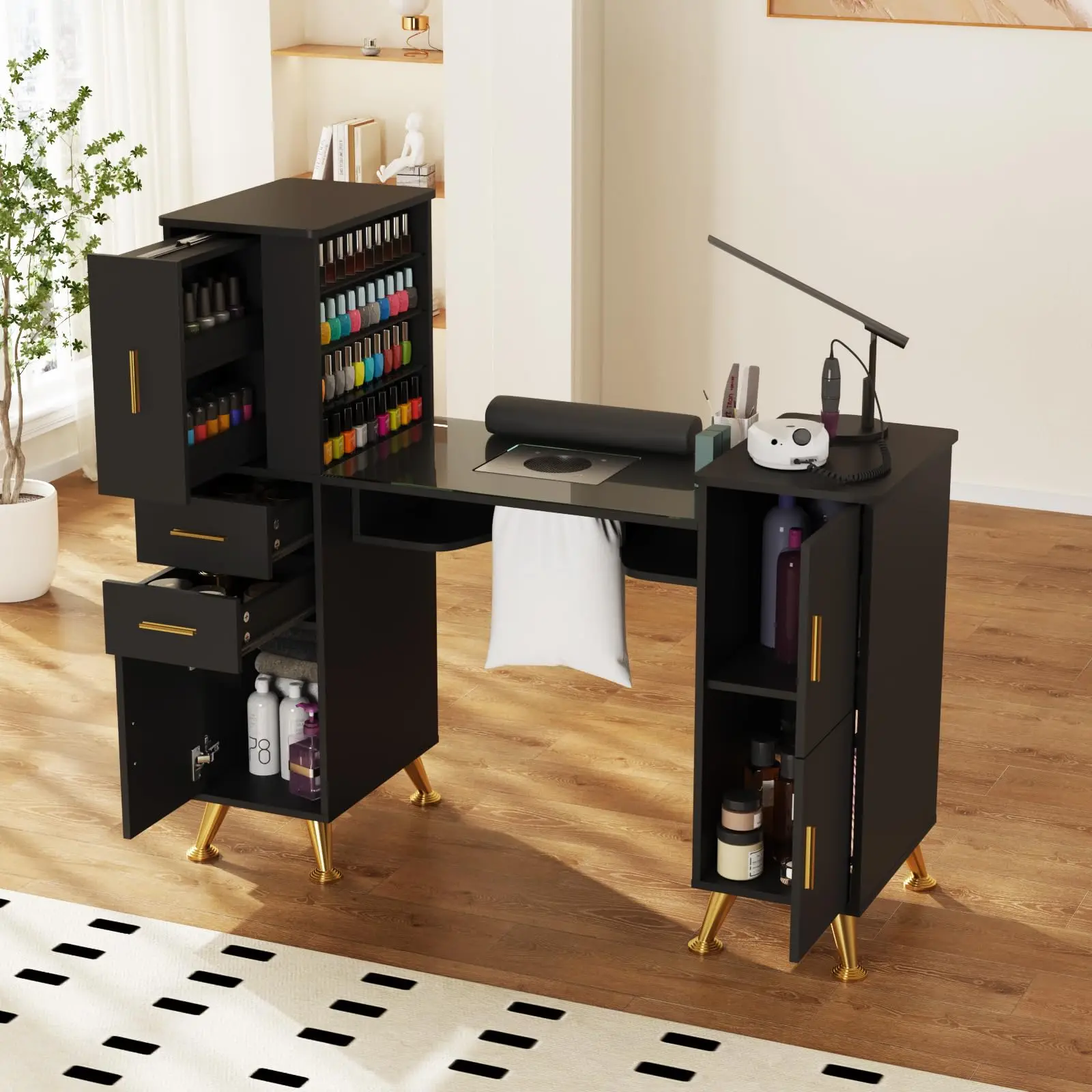 Nail Desk Manicure Table with Dust Collector & Glass Top (Black)