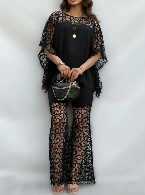 

2026 Elegant Sexy New 2 Pieces Outfit Elegant Hollow-Out Lace Batwing Sleeve Blouse and Casual Slim Fit Flared Pants Set