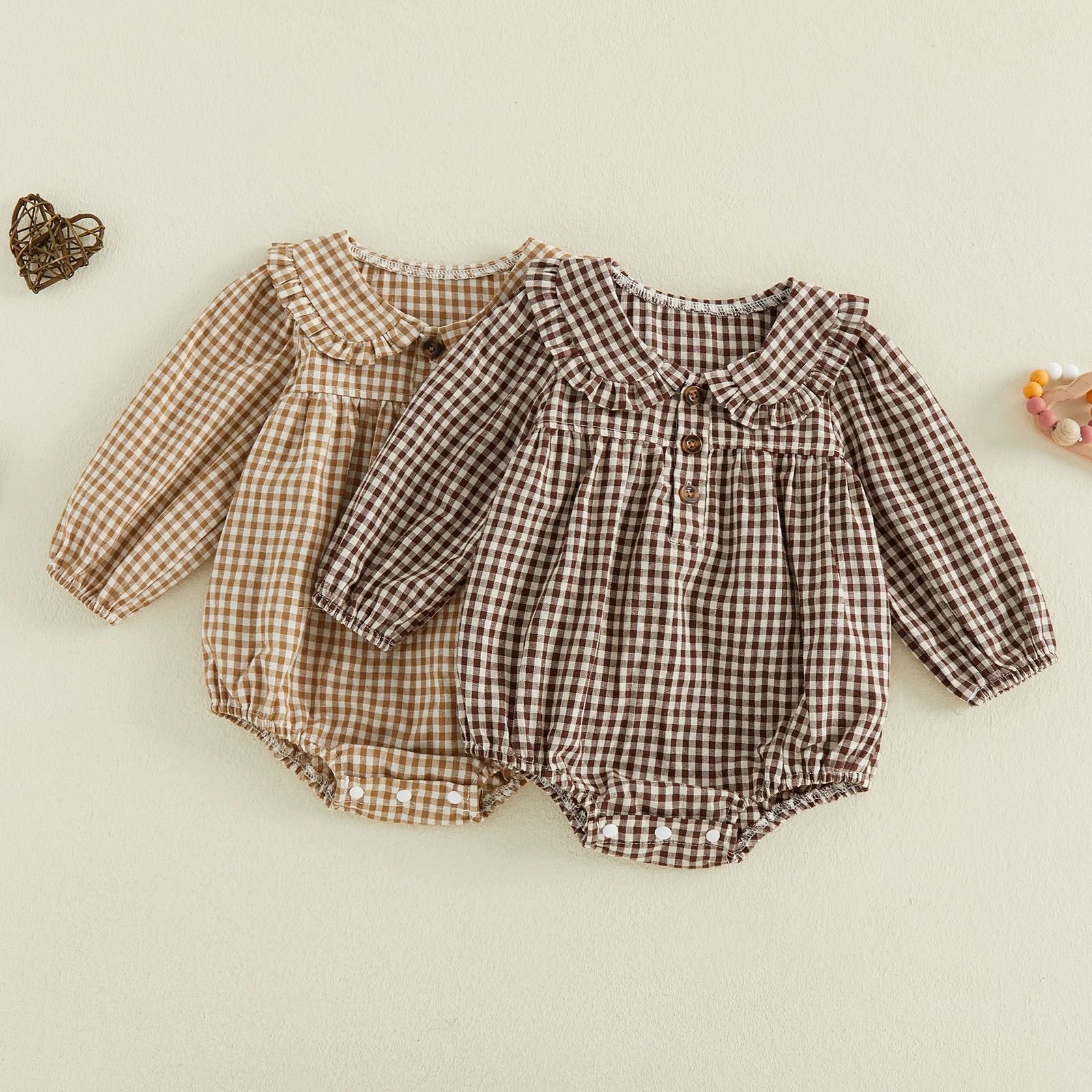 Baby Girl Fall Romper Plaid Print Long Sleeve Doll Collar Button Front Bubble Bodysuit Overalls Clothes