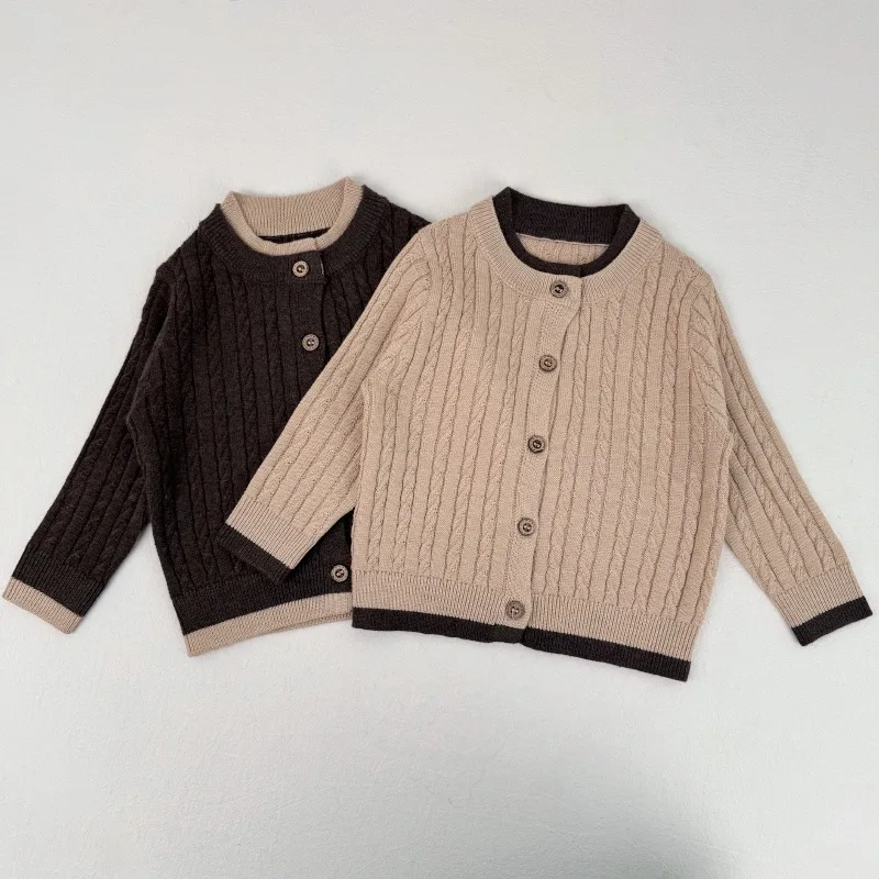 

Autumn School Kids Wool Knit Cardigan Baby Sweater Coat Casual Versatile Color Block Design Boys Girls Warm Soft Cozy Outerwear