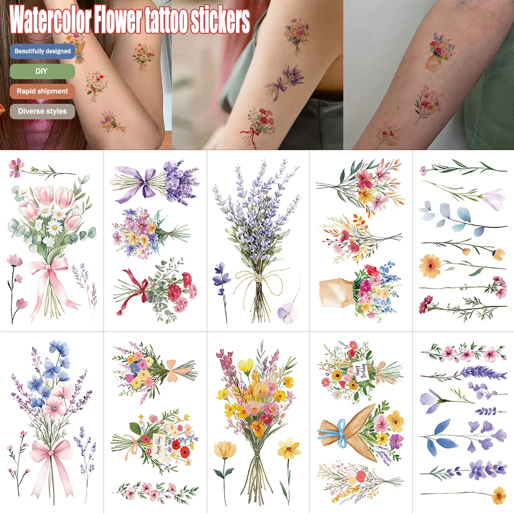

10pcs/set Watercolor Flower Tattoo Sticker Party Prom Body Decoration Temporary Tattoo Stickers