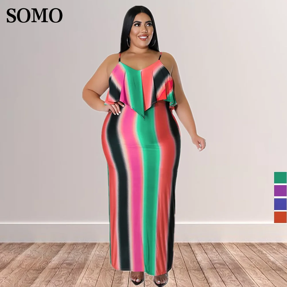 

Chic Plus Size Women Clothing Striped Print 2022 Fashion Summer Sexy Dress Ladies Maxi Long Club Dresses Wholesale Dropshipping