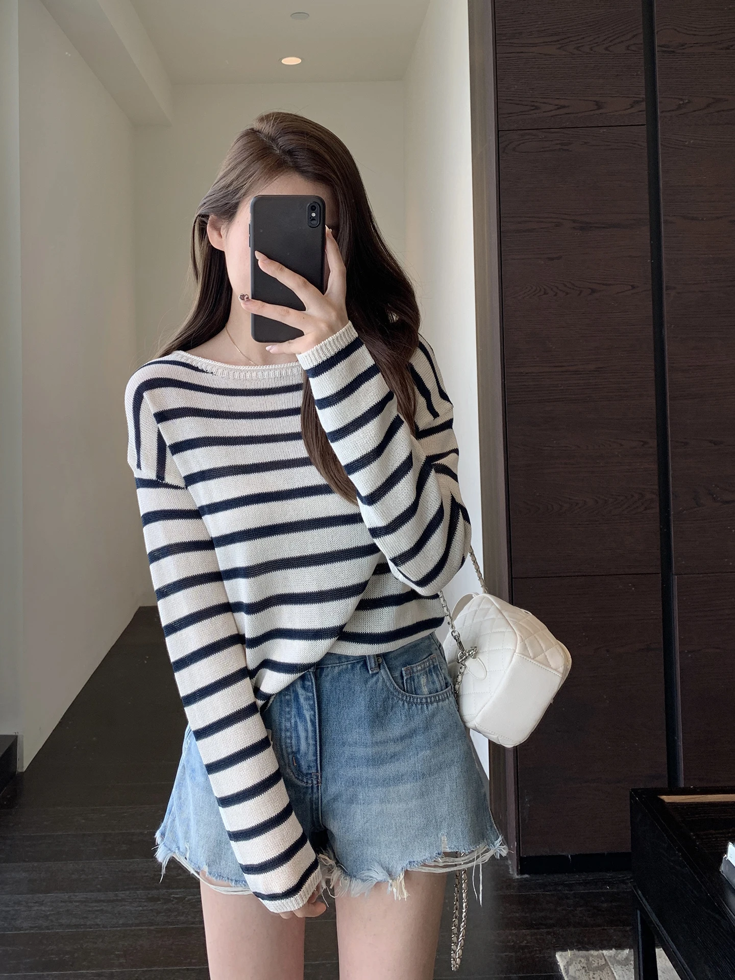 

Fashionable One-Shoulder Shawl Collar Slimming Mesh Top Women's Spring Summer New Airy Feel Sunscreen Knitted Long Sleeve Cas...