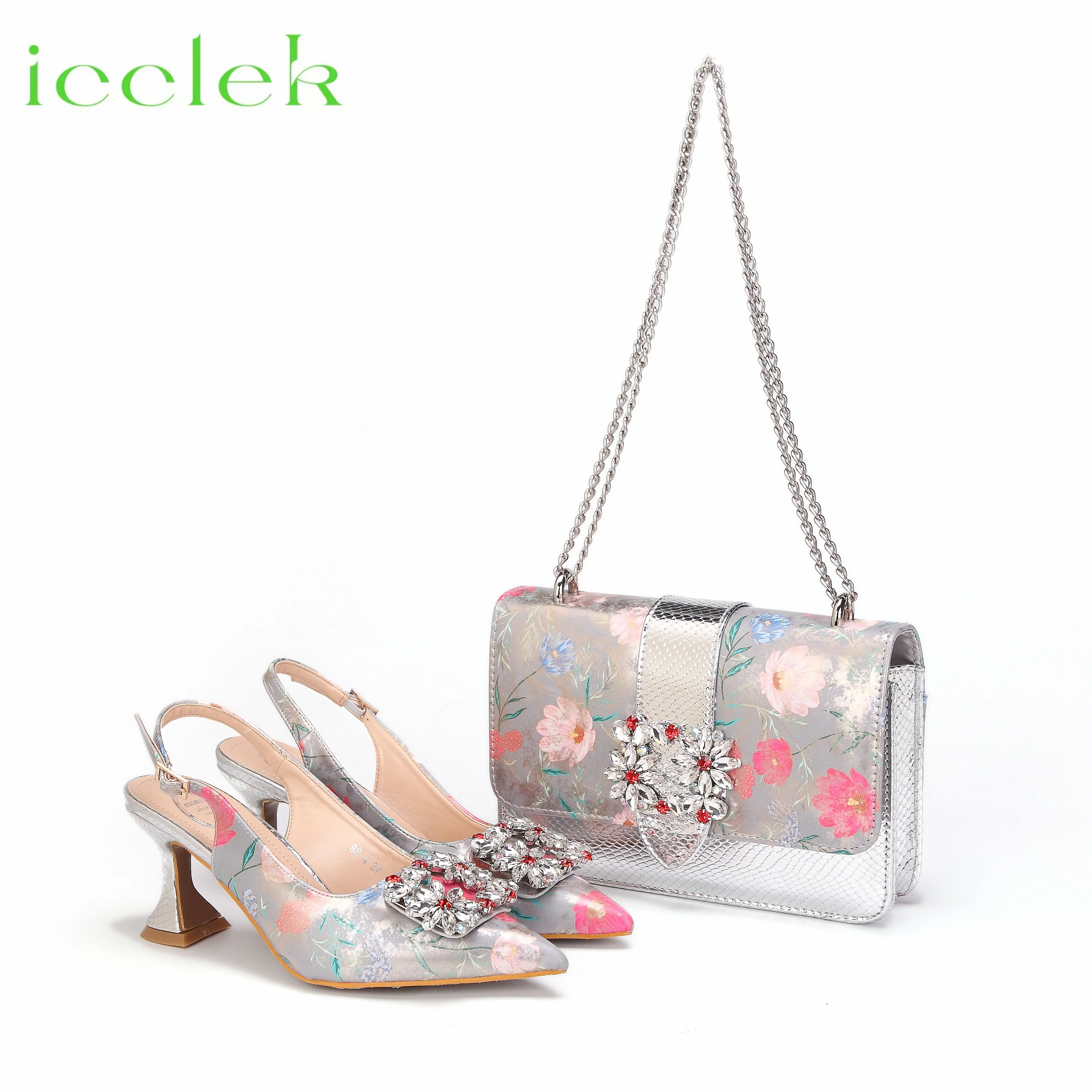 

Silver Color 2024 High Quality Pointed Toe Print Design Sexy Ladies Shoes with Sandalbag Set For Summer