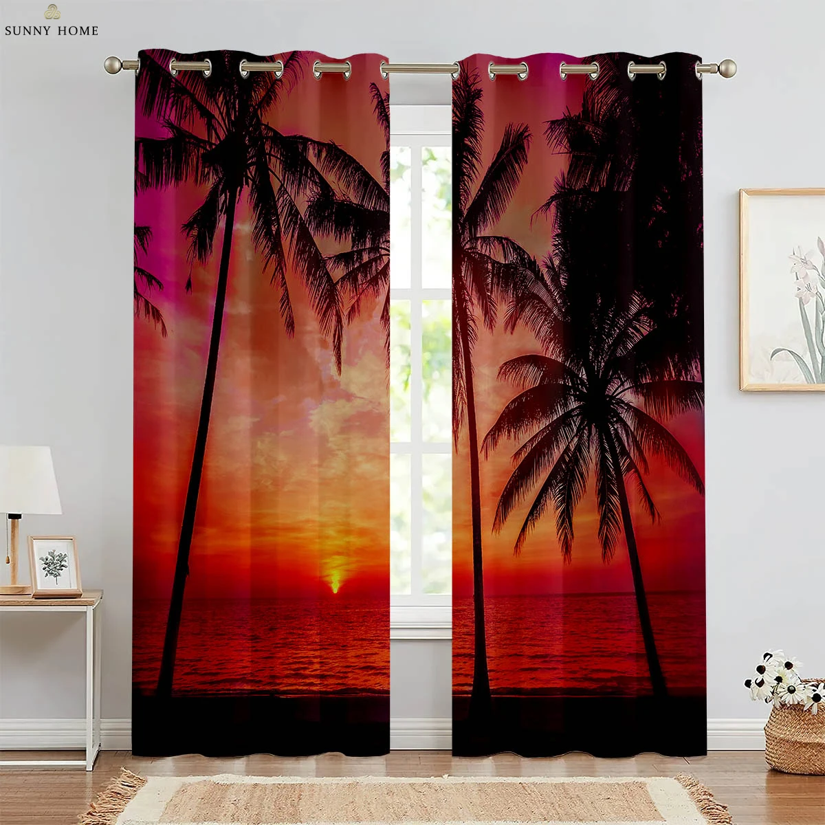 

2pcs Seaside Sunset Beach Coconut Tree Scenery 3D Printed Curtains Polyester Bedroom Living Room Kitchen Decorative Curtains