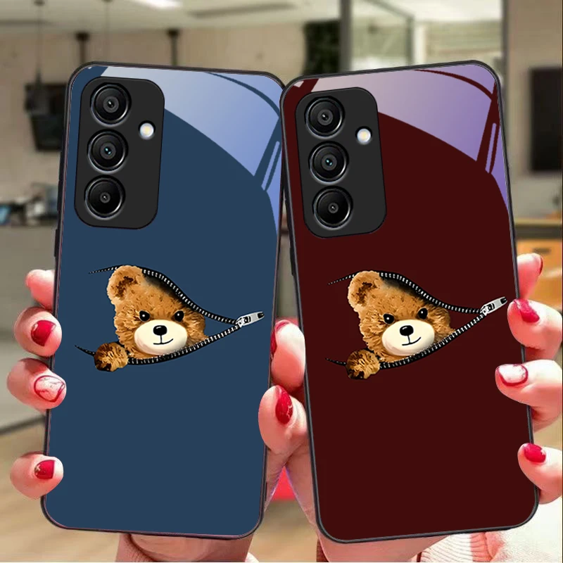 Zipper Bear Brown For Samsung Galaxy A15 5G 54 4G 51 50 24 35 90 71 12 51 53 52S 80 22 34 Black Tempered Glass Phone Case
