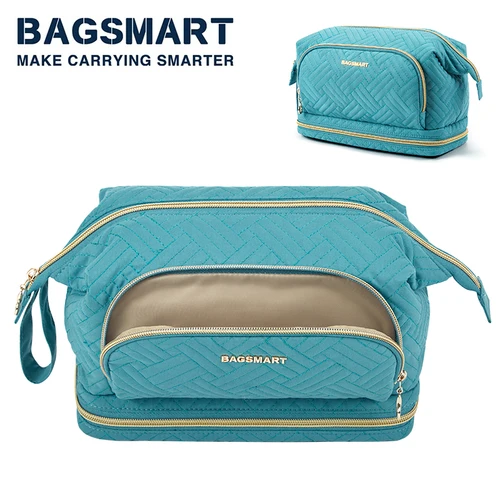 BAGSMART-estuche de cosméticos de viaje, bolsa organizadora de maquillaje de doble capa con divisores ajustables, estuche de cosméticos de cuero resistente al agua