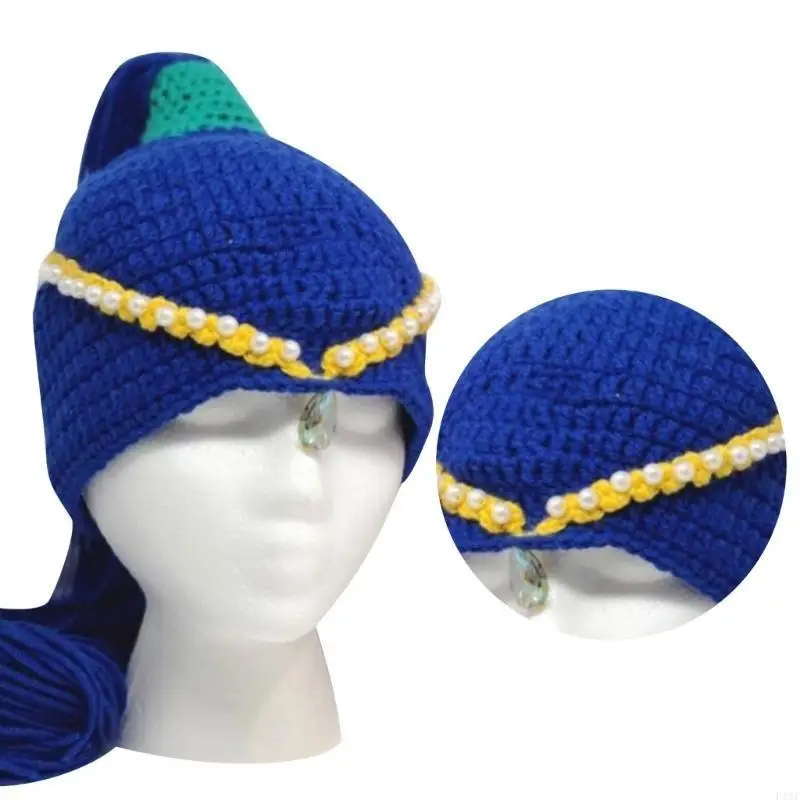

F19F Kids Cartoon Pearl Ponytail Hat Handwoven Skullcap Breathable Crocheted Hat Holiday Wear Princess