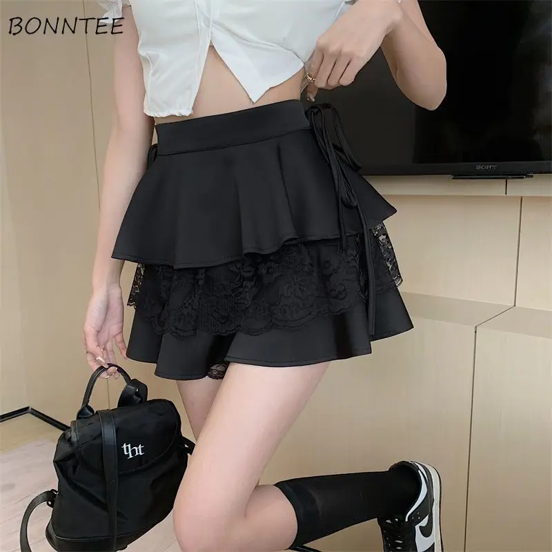 A-line Skirts Women Patchwork Lace Bandage Sweet Kawaii Girls Y2k All-match Gentle Stylish Summer Mini Safety Solid Streetwear